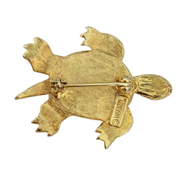 Trifari Crown Over T Gold Tone Plastic Pearl Shell Turtle Pin, Signed K27 - Picture 5 of 9
